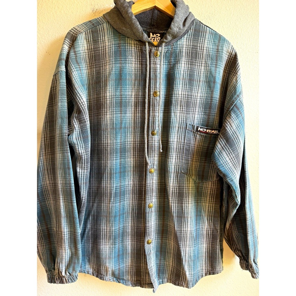 No Fear Men's Plaid Hooded Button-Front Jacket Blue/Gray Logo 90s Vintage Large